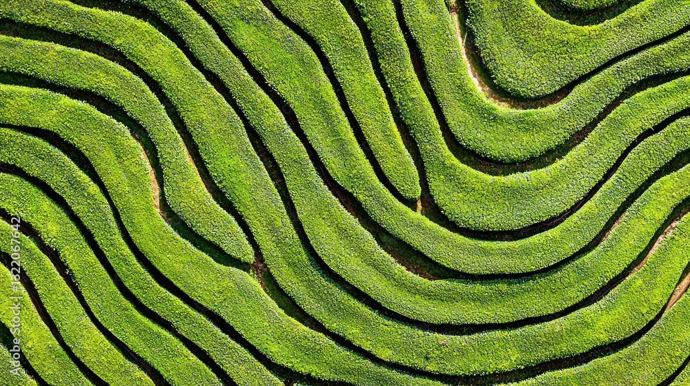 Fototapeta premium Aerial view of rolling green fields with curvilinear rows and pattern detail