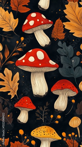 Colorful Mushrooms and Autumn Leaves Against a Dark Background
