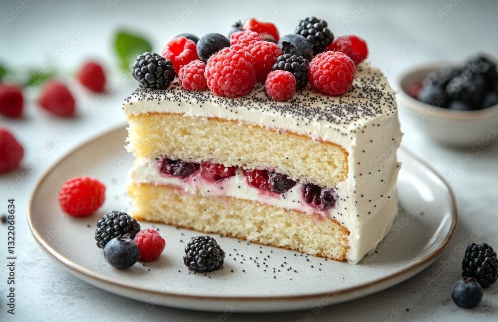 Vanilla cake with cream, berries, and poppy seeds on rustic plate, wooden table Vanilla cake with cream, berries, and poppy seeds on rustic plate, wooden table