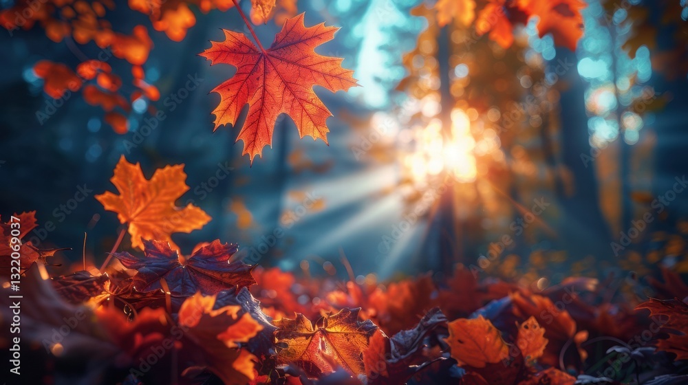 Vibrant Autumn Leaves in Forest with Soft Sunlight Streaming Through Vibrant Autumn Leaves in Forest with Soft Sunlight Streaming Through