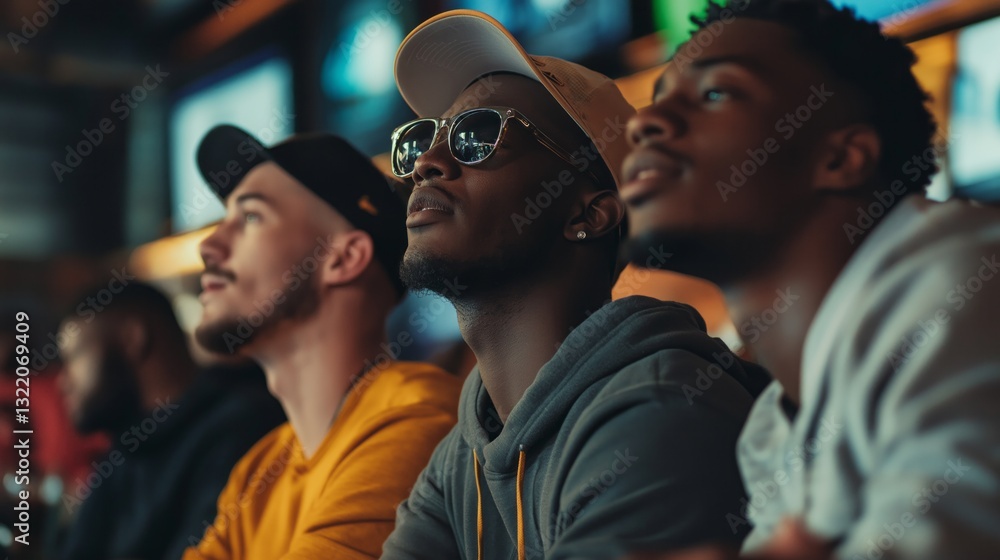 Obraz premium Excitement fills the air as three friends enthusiastically watch a football match on a large screen in a bustling sports bar. Friends share spirited reactions and camaraderie over the game