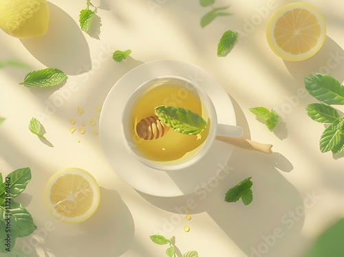 A top-down view of a steaming cup of green tea in a white ceramic cup, placed on a soft pastel background. The tea is surrounded by fresh mint leaves, sliced lemons, and a wooden honey dipper dripping