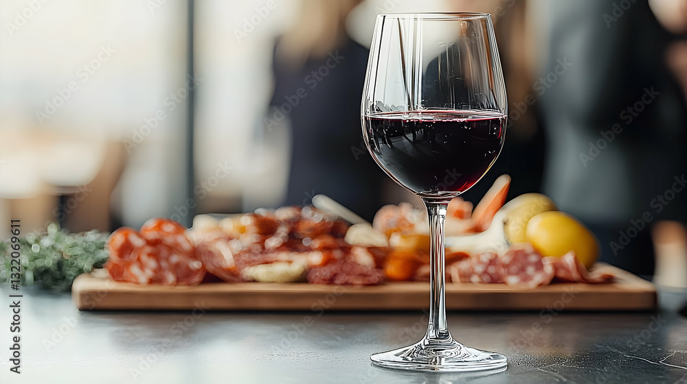 Naklejka premium Glass Of Red Wine With Charcuterie Board Of Meat Cheese And Fruit On A Wooden Serving Board In Blurred Restaurant Background With Elegant Bokeh