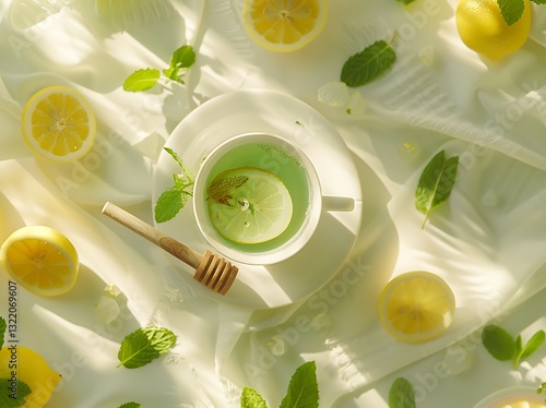 A top-down view of a steaming cup of green tea in a white ceramic cup, placed on a soft pastel background. The tea is surrounded by fresh mint leaves, sliced lemons, and a wooden honey dipper dripping