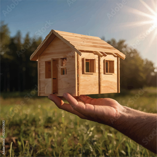 Hand holding a miniature wooden house in sunlight.