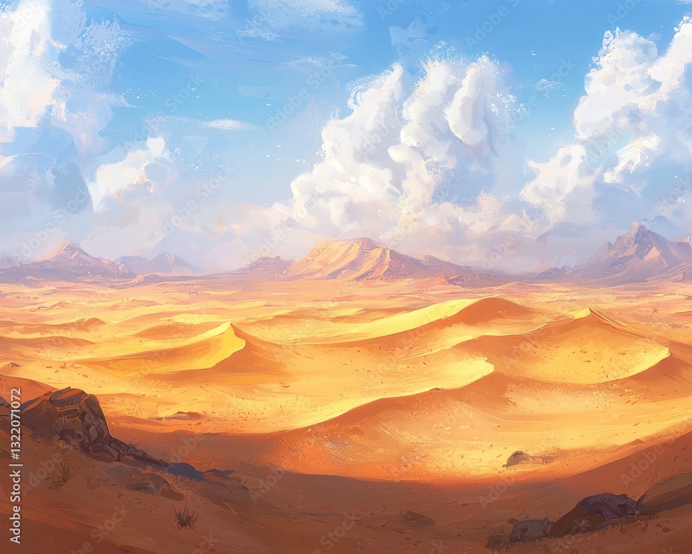 Naklejka premium Stunning Golden Desert Landscape Under Blue Sky with Wispy Clouds