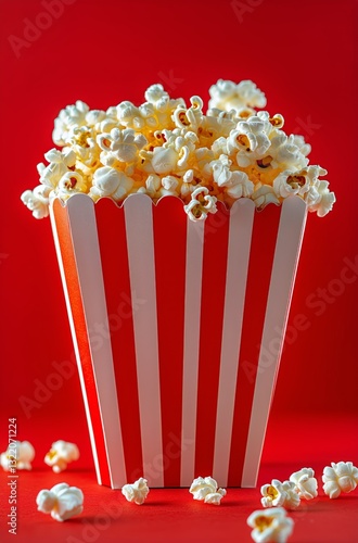 Freshly Popped Popcorn in a Red and White Striped Container on a Festive Back...