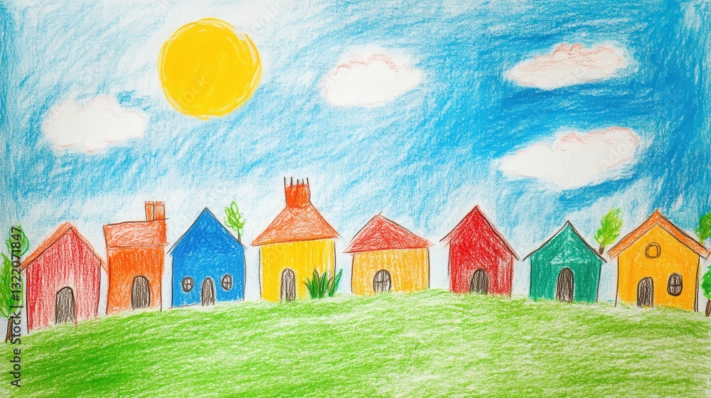 Naklejka premium Crayon drawing depicting a row of colorful houses on a green hill under a bright sun and blue sky with fluffy white clouds, evoking a cheerful and idyllic neighborhood scene