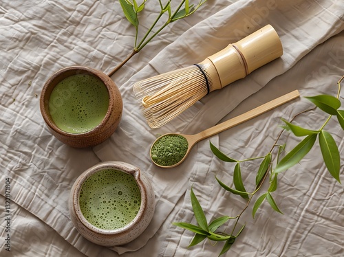 A beautifully arranged traditional Japanese matcha tea setup in a top-down view, featuring an authentic bamboo whisk (chasen), matcha powder in a small wooden bowl, and a ceramic cup filled.
