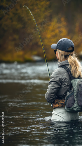 Woman fly fishing waist deep in river, holding rod amid vibrant autumn foliage, experiencing peaceful wilderness landscape during fall season photo