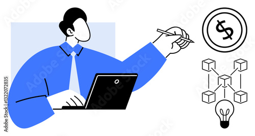 Man in formal attire using a laptop, pointing to icons of money, blockchain, and lamp. Ideal for finance, fintech, innovation, technology, entrepreneurship strategy flat simple metaphor