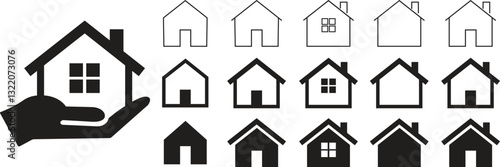 Web home icon set. Home page for apps and websites, house symbol isolated on transparent background. Main page, homepage, webpage, buttons. Vector illustration.