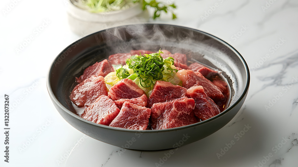 Stylish and Modern Presentation of Fresh Kobe Beef Slices with Green Garnish on Elegant Plate Stylish and Modern Presentation of Fresh Kobe Beef Slices with Green Garnish on Elegant Plate