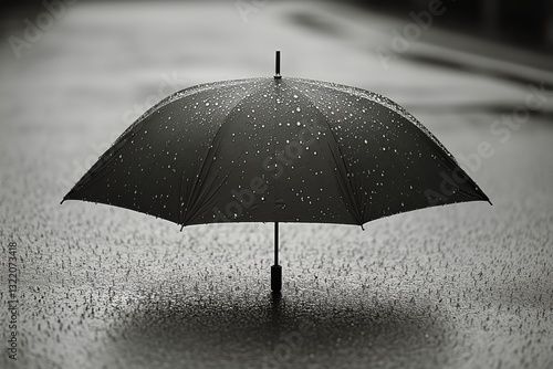 Umbrella Standing Alone in Rain on a Wet Pathway Surrounded by Greenery