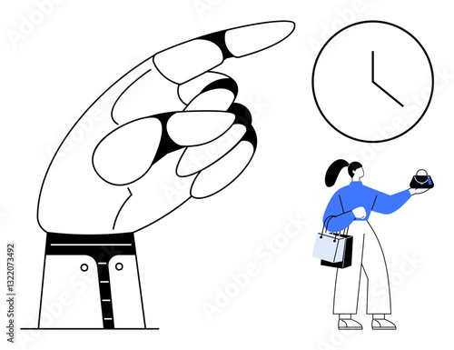 Large hand pointing to the clock, emphasizing time awareness. Person dressed in blue holding shopping bags and a clock. Ideal for time management, deadlines, priorities, scheduling, productivity