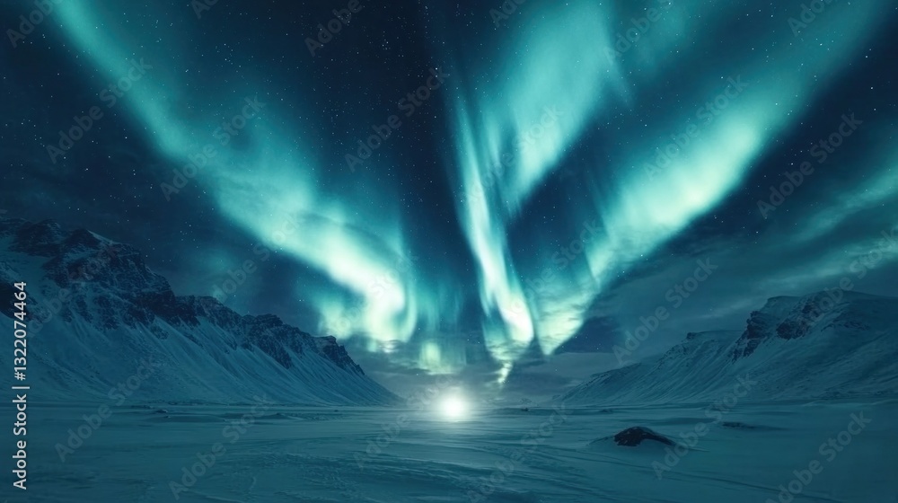 Aurora borealis over snowy mountains, serene and stunning night landscape Aurora borealis over snowy mountains, serene and stunning night landscape