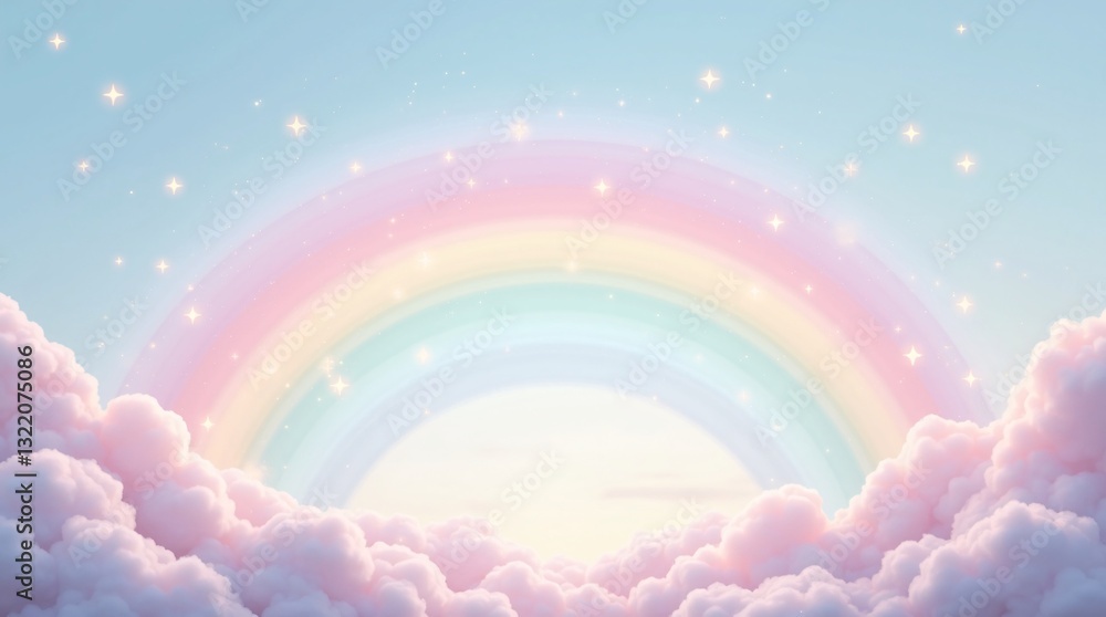 Pastel color sky white stars. Holographic fantasy rainbow background
