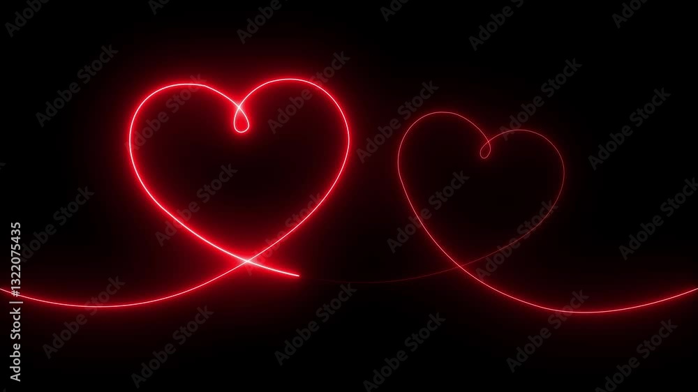 Two love hearts. Valentine's Day indicate. Love One line drawing concept. love card neon glowing icon. valentines love heart symbol animation.