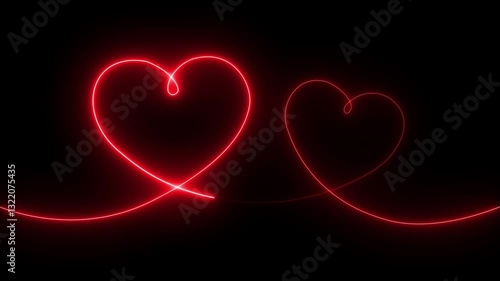 Two love hearts. Valentine's Day indicate. Love One line drawing concept. love card neon glowing icon. valentines love heart symbol animation.