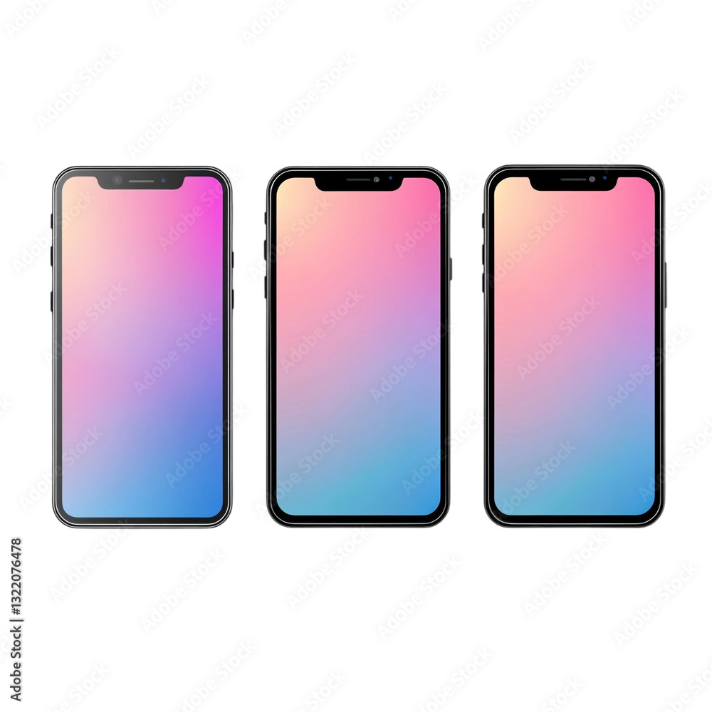 Three sleek smartphones display vibrant gradient backgrounds showcasing modern mobile technology Three sleek smartphones display vibrant gradient backgrounds showcasing modern mobile technology