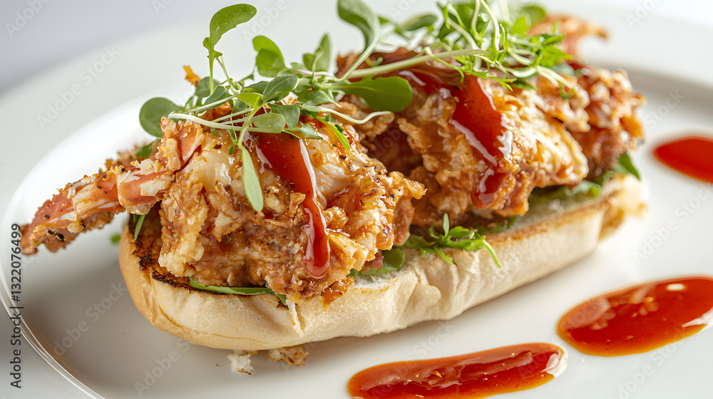 Delicious Presentation of Premium Soft Shell Crab on a Fresh Roll with Garnish and Sauce Delicious Presentation of Premium Soft Shell Crab on a Fresh Roll with Garnish and Sauce