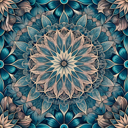 Intricate Floral Mandala Pattern in Blue and Beige Tones.