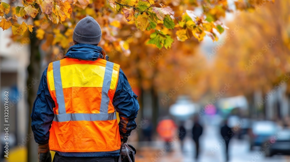 Autumnal scene with a figure in high-visibility vest on a city street Autumnal scene with a figure in high-visibility vest on a city street