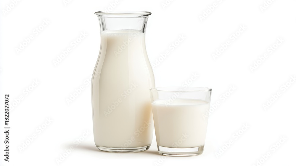 Milk filled glass carafe and tumbler positioned on immaculate white surface, highlighting fresh dairy beverage and clean nutritional concept Milk filled glass carafe and tumbler positioned on immaculate white surface, highlighting fresh dairy beverage and clean nutritional concept