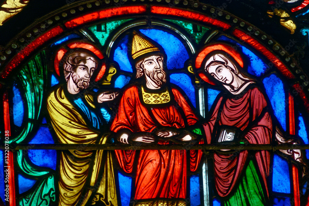 Obraz premium Stained glass (19th century) of Holy family: The wedding of Mary and Joseph.