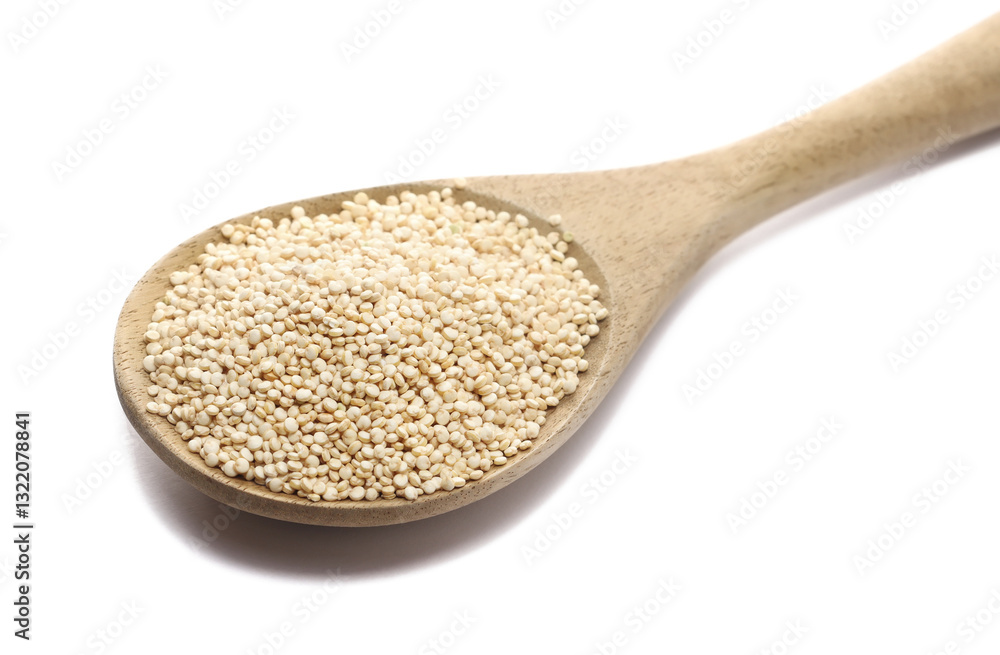 Pile of raw quinoa seeds in wooden spoon, isolated on white background, side view
Pile of raw quinoa seeds in wooden spoon, isolated on white background, side view