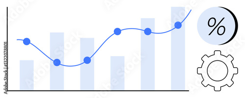 Business growth chart with ascending bar graph, line connecting data points, percentage icon, and gear icon. Ideal for financial analysis, business growth, statistical reports, performance tracking