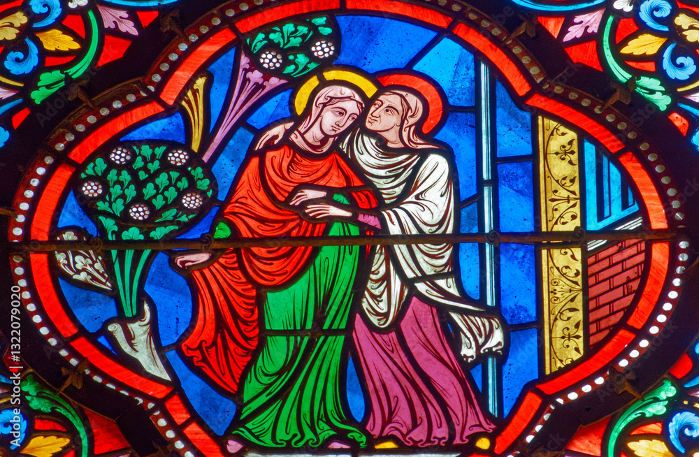 Fototapeta premium Stained glass (19th century) of Visitation of the Virgin Mary to her pregnant cousin Elizabeth.