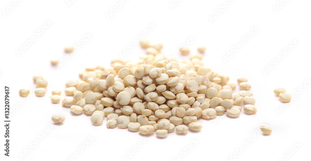 Raw white quinoa seeds isolated, side view and macro Raw white quinoa seeds isolated, side view and macro