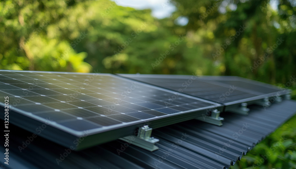 Fototapeta premium Solar panels are efficiently positioned on a roof, gathering sunlight in a vibrant setting surrounded by trees and greenery during a clear sunny day