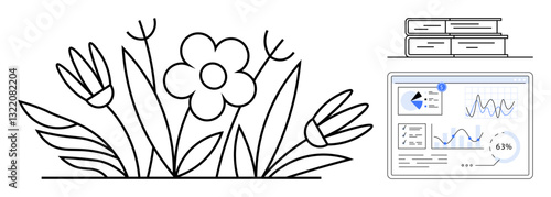 Flower garden sketch, stacked books, and data analytics interface with charts. Ideal for education, growth, research, sustainability, study learning visualization. Depicts flat simple metaphor