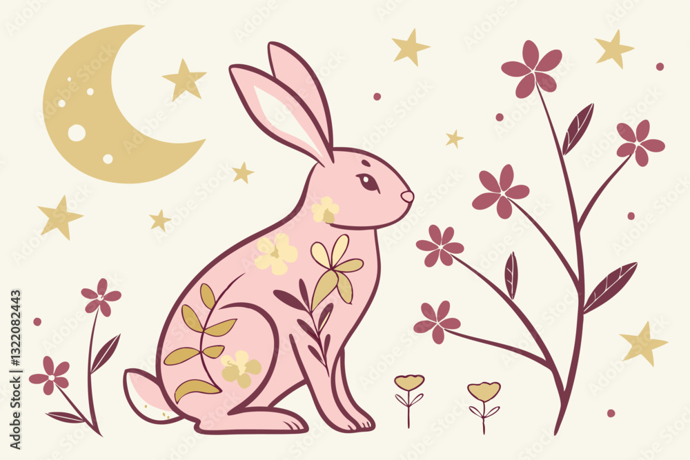 Obraz premium Spring Rabbit Pattern, Star, Moon & Floral Motifs on Rice Paper – Easter & Lunar Festive Design