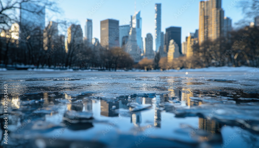 Fototapeta premium Frozen lake in Central Park reflects the stunning New York City skyline on a clear winter morning, showcasing the contrast of nature and urban architecture
