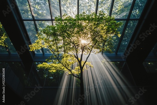 In the modern city, an eco-friendly building stands out, featuring green tree branches with leaves and sustainable glass to minimize heat and carbon dioxide emissions, embodying the office building's photo