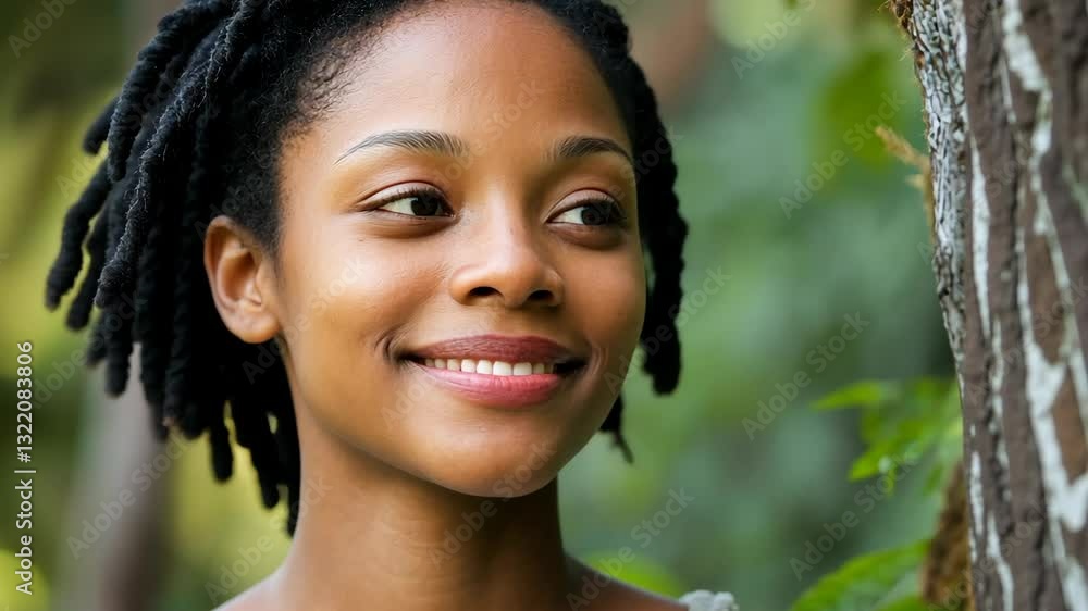 Woman smiles warmly while standing beside a tree in a lush outdoor setting during a sunny day Woman smiles warmly while standing beside a tree in a lush outdoor setting during a sunny day