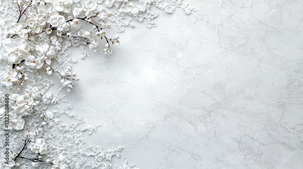 A white marble background featuring white flowers on the left side, framed by white flowers on the right side of the frame A white marble background featuring white flowers on the left side, framed by white flowers on the right side of the frame