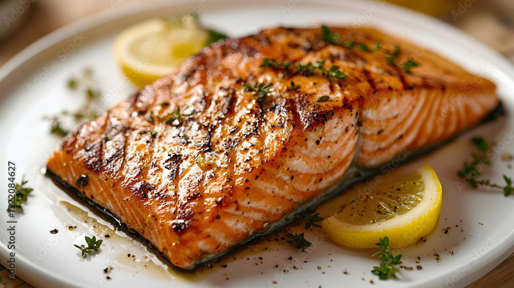 Full View of Grilled Cedar Plank Salmon with Lemon Garnish on a White Plate