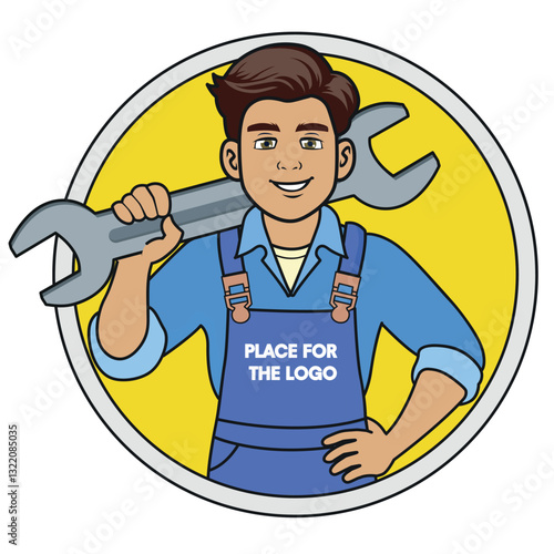 Technician mascot with a large wrench on his shoulder. Technician character in overalls in a circle