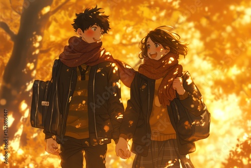 Two People Smiling Happily Walking Along Sunny Autumn Pathway