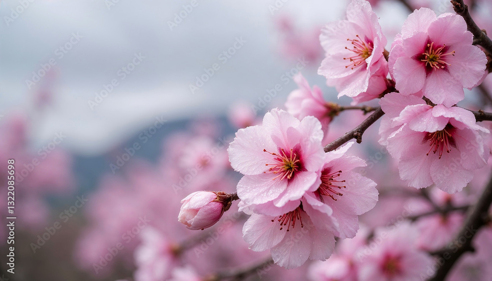 Sakura flowers after the rain with cloudy background and ample copy space Sakura flowers after the rain with cloudy background and ample copy space
