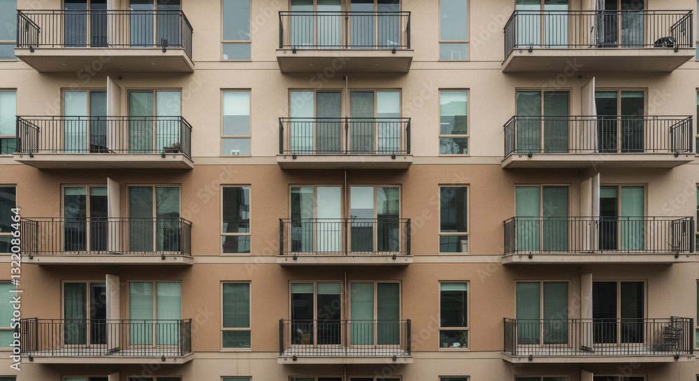 Obraz premium Apartment Balconies: Modern Architecture, Urban Living, and City Views - Photo of Building Facade with Balcony Rows