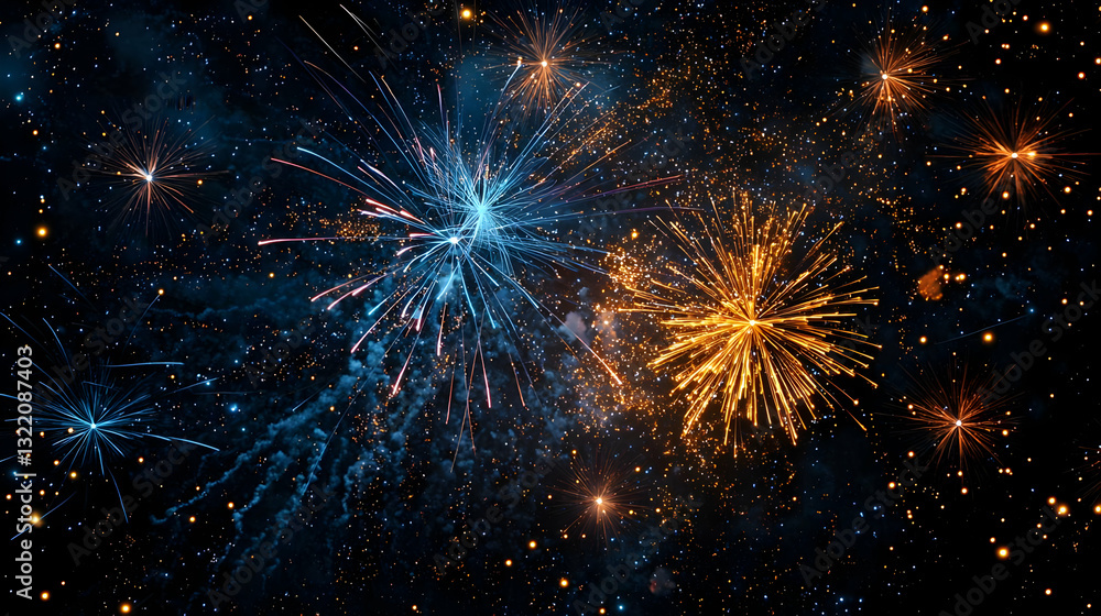 Spectacular Fireworks Display in Deep Space with Glowing Blue and Gold Explosions Among a Myriad of Stars and Nebulae for Festive Celebrations Spectacular Fireworks Display in Deep Space with Glowing Blue and Gold Explosions Among a Myriad of Stars and Nebulae for Festive Celebrations