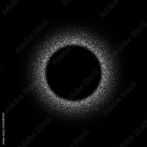 White flour powder round frame isolated on black background with copy space. Shiny ring of silver confetti. Vector circle of salt or snow spray texture