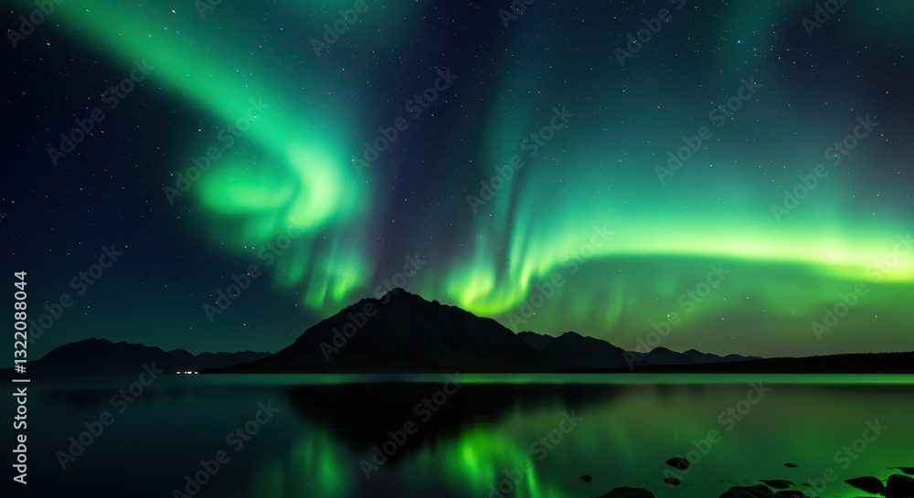 Naklejka premium Aurora Borealis Over Mountains: Night Sky Magic, Northern Lights Reflection, Scenic Landscape, Cosmic Dance