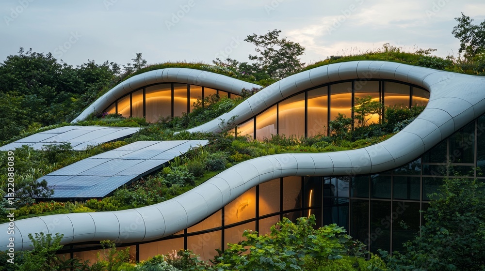 Eco-friendly building design is showcased through the green living roof on the public city library Eco-friendly building design is showcased through the green living roof on the public city library