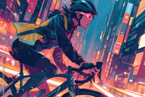 A cyclist is riding a bike down a vibrant city street